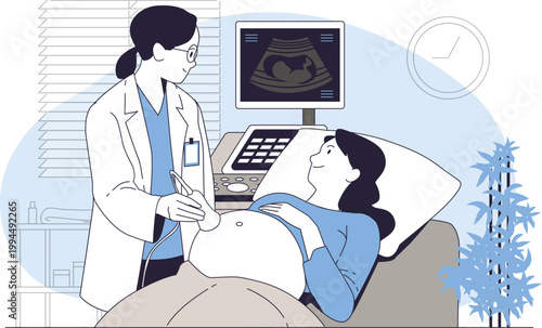 Doctor performing ultrasound scan on pregnant woman in clinic prenatal care vector illustration
