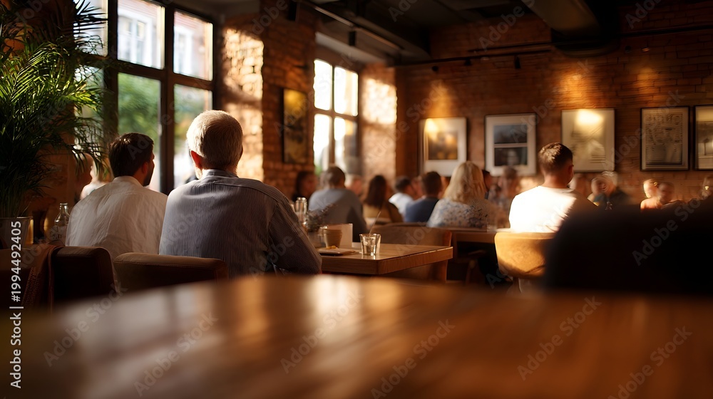 Fototapeta premium A warm atmospheric indoor scene showing people socializing and connecting at a wooden table near large