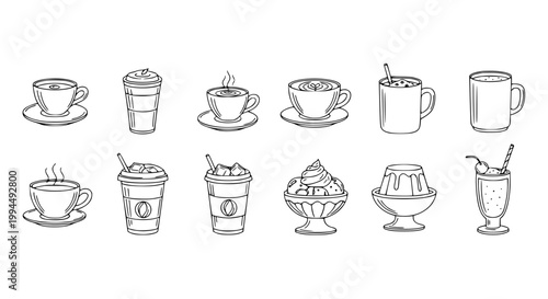 Minimal black and white coffee and dessert cup icons set with hot drinks and sweet beverages vector illustration