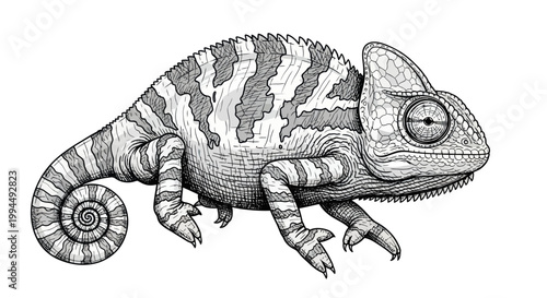 Bild auf Leinwand Chameleon illustration, black and white ink drawing, detailed texture, reptile,