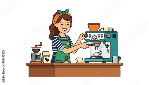 Woman working at coffee shop counter.