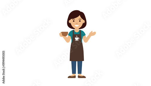 A cartoon woman holding coffee cup.