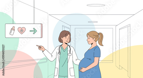 Doctor consults pregnant woman in hospital hallway, medical care, pregnancy support