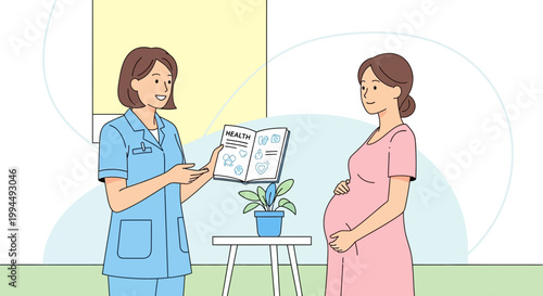 Doctor consults pregnant woman on health and pregnancy care, showing pamphlet