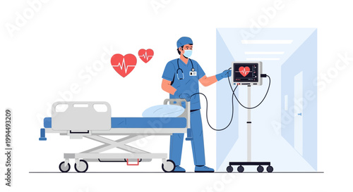 Doctor monitoring patient vital signs on EKG machine in hospital corridor