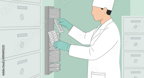 Doctor organizing medicine in a hospital archive, close-up of hands with gloves