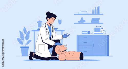 Doctor performing CPR on a dummy in a medical training session