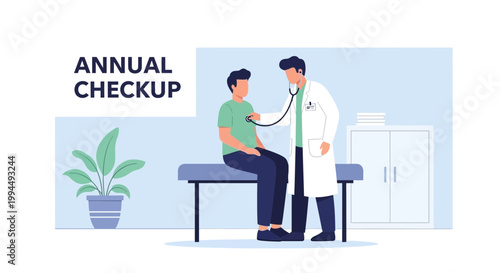 Doctor performing annual checkup on patient with stethoscope in clinic, healthcare concept