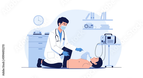 Doctor performing CPR on patient in clinic with defibrillator