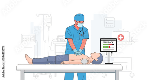 Doctor performing CPR on patient with feedback monitor in medical training simulation