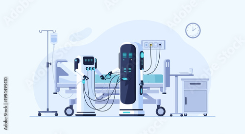 Futuristic hospital room with advanced medical robots and patient bed, healthcare technology concept