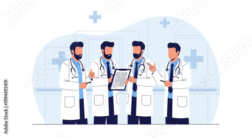 Four doctors in white coats discussing a medical chart in a modern clinic