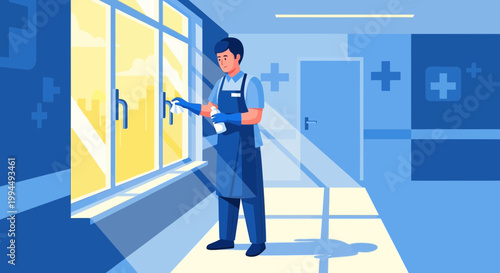 Healthcare cleaner sanitizing window in hospital corridor with medical cross symbols