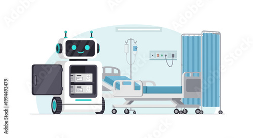 Healthcare robot delivering supplies in a modern hospital room with medical equipment.