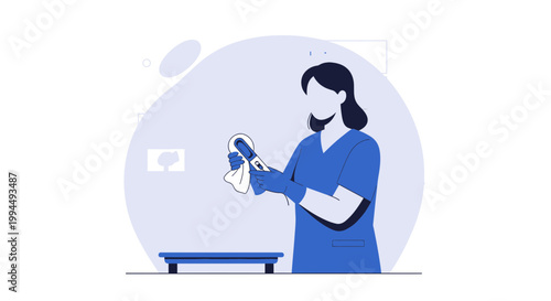 Healthcare worker cleaning medical equipment with cloth and gloves, hygiene concept