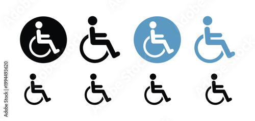 Wheelchair icon set for disability and accessibility symbols, handicapped access signs collection, vector illustration design