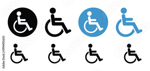 Wheelchair icon set for disability and accessibility symbols, handicapped access signs collection, vector illustration design