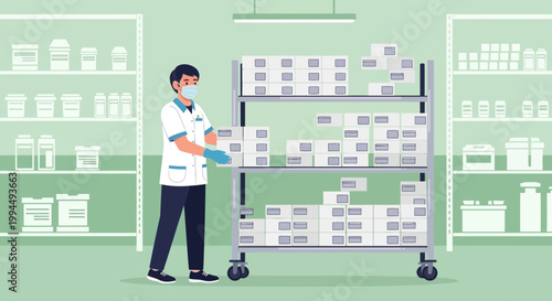 Healthcare worker in mask and gloves organizing boxes on a cart in a pharmacy or hospital storage