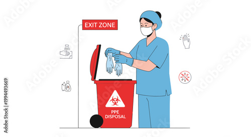 Healthcare worker in PPE disposes of gloves in biohazard bin, exit zone