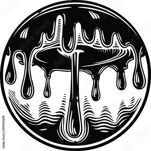 Black and white vector dripping liquid icon, meltdown symbol, abstract drop logo, monochrome design element