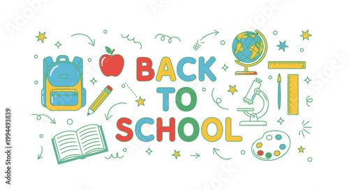 Back to school, education icons, colorful graphics, teaching tools, learning symbols