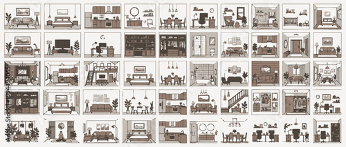 A collection of various office spaces and furniture illustrations.