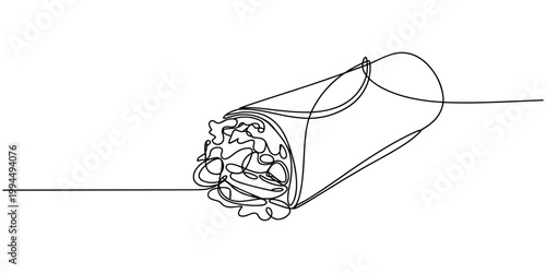 Delicious chicken shawarma wrap continuous one line drawing, one continuous line drawing of delicious kebab on white background. Fast Food minimalism concept, Continuous line drawing of a chicken
