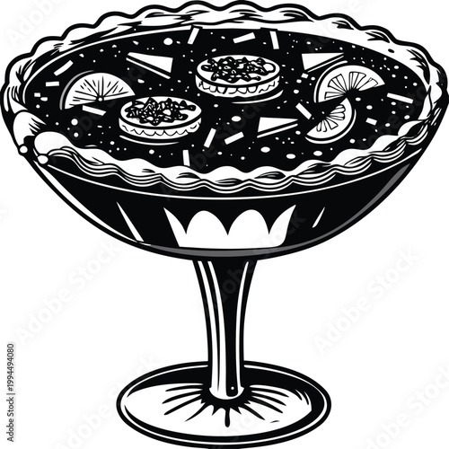 Black and white margarita cocktail illustration, salty rim, vector drink icon, festive food element