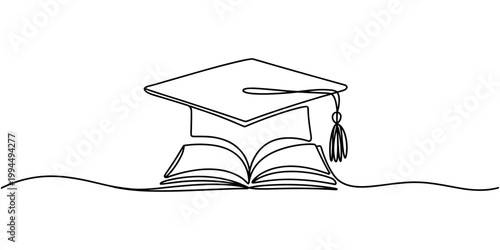 graduation hat with book continuous one line drawing, Self drawing of continuous single line drawing Graduation hat on books education linear concept.