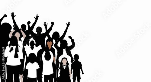 Group of people raising arms in celebration, minimalist vector illustration with bold silhouettes. Dynamic teamwork concept for motivational posters, corporate presentations, or event promotions.