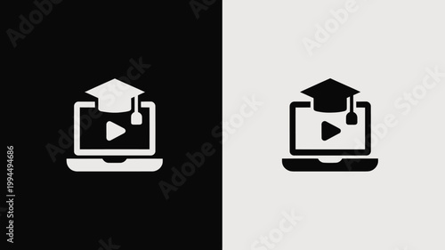 Graduation Cap On Laptop With Play Button For Online Education And E-Learning Concepts