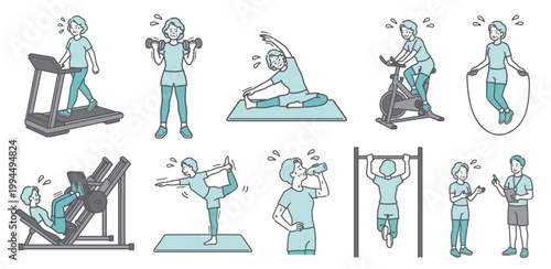 様々な運動を辛そうにするシニア女性の10点セットイラスト（標準体型）