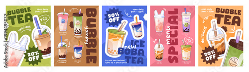 Advertising posters of bubble tea set. Designs of promotion of soft drinks with tapioca. Menu templates with glasses of cocktails, beverages with matcha, coffee, taro. Flat vector illustrations