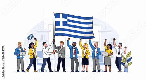 Diverse professionals in office celebrating Greek Independence Day with Greek flag. Vector illustration of multicultural team waving flag in unity. Concept for national pride, cultural events,