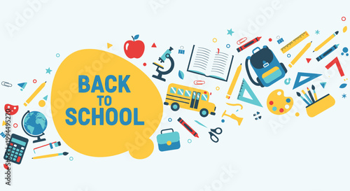 Back to school, education icons, colorful school supplies, learning elements, vector illustration