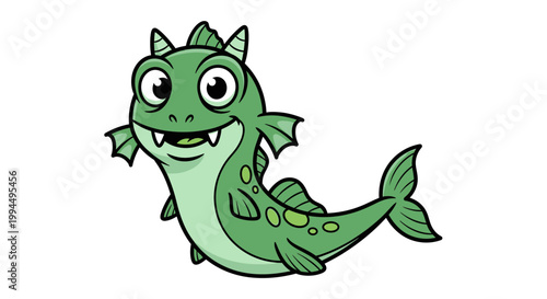 Smiling Cartoon Green Sea Monster Fish.