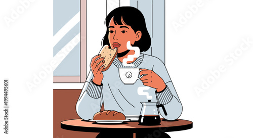 Woman eating and drinking coffee.
