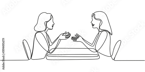 Continuous line drawing of a women dining in a restaurant. Two beatiful women chatting and drinking coffee at a restourant. Two lady having a conversation one line drawing.