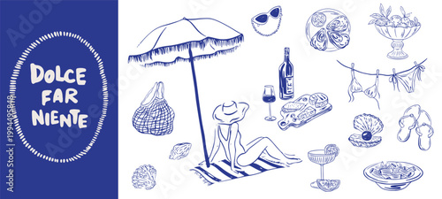 Italian summer vacation set. Hand drawn ink Italy coast sea, beach print elements. Sketch style La dolce vita italian sicily weekend or rest collection for invitations to beach party, picnic, wedding