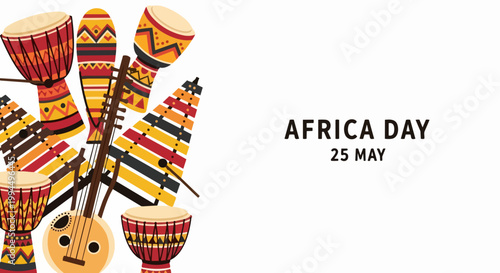 Africa Day celebration with traditional musical instruments and vibrant patterns. Africa Day event features diverse cultural elements and rhythmic percussion.