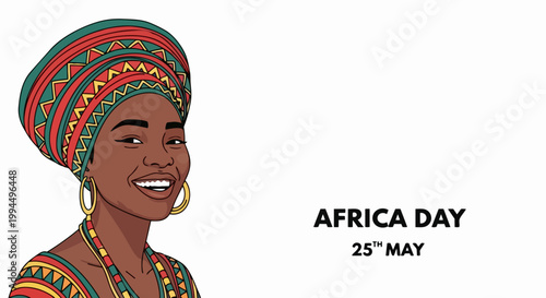 African woman portrait with colorful headwrap and traditional clothing celebrating Africa Day. African woman smiling brightly, representing cultural heritage and unity for Africa Day festivities.