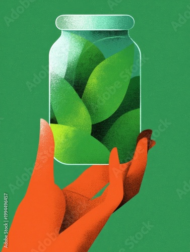 Hand Holding Glass Jar Filled with Green Leaves