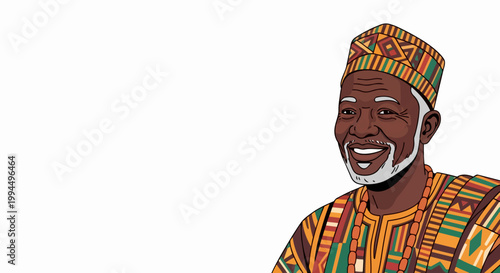 Elderly African man smiling in traditional clothing, representing cultural heritage and wisdom. Elderly African man portrait with vibrant patterns, symbolizing community and tradition.