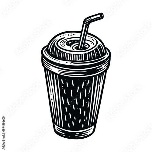 Black, disposable, cold drink cup with straw, takeout container, beverage illustration