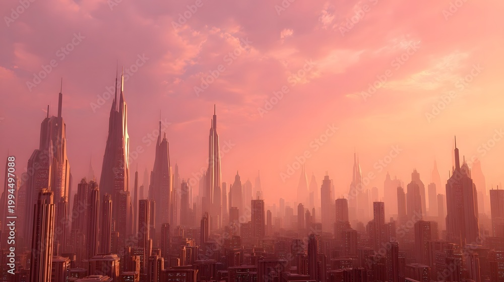 Fototapeta premium Panoramic view of towering futuristic skyscrapers bathed in the soft diffused light of a dramatic dawn or dusk
