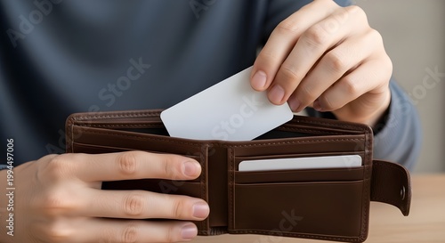 Closeup of a person holding a blank white credit card and putting it into a brown leather wallet