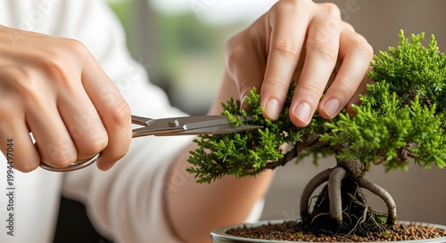 Closeup of a person trimming a bonsai tree with small scissors