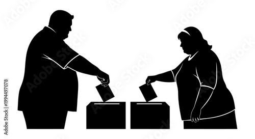 Silhouette of Two People Voting in Election, Casting Ballot.