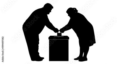 Silhouette of Two People Voting in Election at Polling Place.