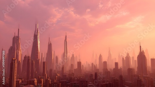 Panoramic view of towering futuristic skyscrapers bathed in the soft diffused light of a dramatic dawn or dusk